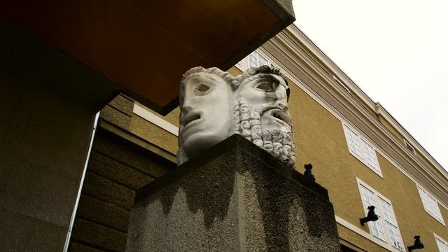 theatrical masks, with tragic and comic expression, at the Salzburg Festival Theater, the birthplace of Wolfgang Amadeus