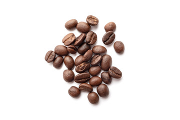Roasted coffee beans isolated on white background. Close-up.