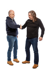 Middle-aged men shake hand, full length.  Isolated on a white background. Vertical.