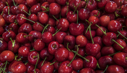 Cherries on display for sale at a afrmer's market