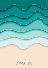 Paper cut A4 template, sea waves background, summer time poster. Vector illustration