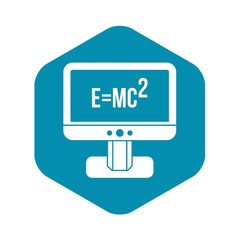 Monitor with Einstein formula icon in simple style isolated on white background. Science symbol