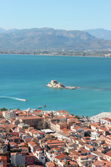 Bourtzi the water castle in the middle of Nafplio harbour in Greece