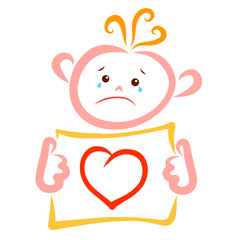 Crying child holding a sheet of paper with a picture of the heart