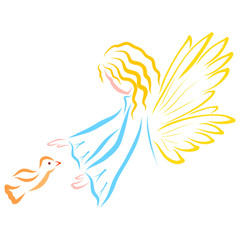 Angel or fairy and flying bird, protects