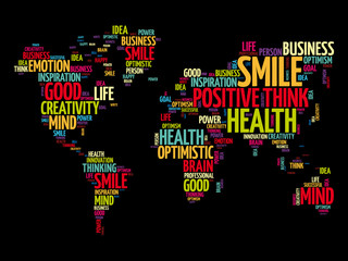 Fototapeta na wymiar Positive thinking word cloud in shape of world map, creative concept background