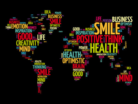 Positive thinking word cloud in shape of world map, creative concept background