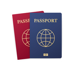 Blue and red passport isolated on white. International identification document for travel. Vector illustration.