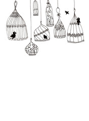 Illustration of simple cages with birds on a white background. Black contour lines on a white background. hand drawn