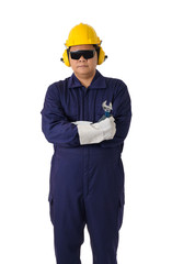 portrait of a worker in Mechanic Jumpsuit is holding a wrench isolated on white background