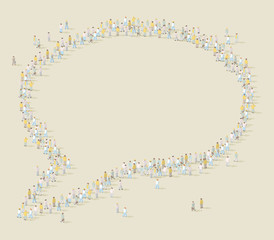 Detailed, illustrated people stand and form the shape of a speech bubble on beige background.