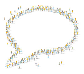 Detailed, illustrated people stand and form the shape of a speech bubble on white background.