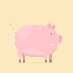 Flat vector funny pig isolated on color background
