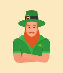 Saint Patrick's Day character leprechaun with green hat, red beard vector