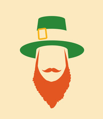  flat design icon on Saint Patrick's Day character leprechaun with green hat, red beard, smoking pipe