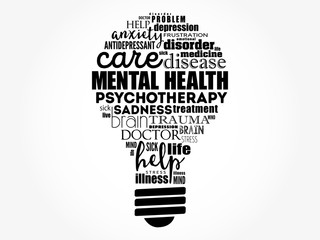 Mental health bulb word cloud, health concept background