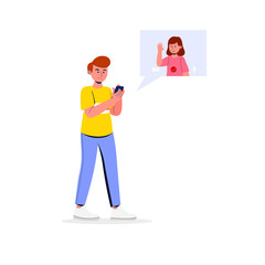 Young Man Walking With Gadget Video Call With Woman Flat Illustration Cartoon
