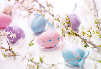 Multicolored easter eggs closeup.