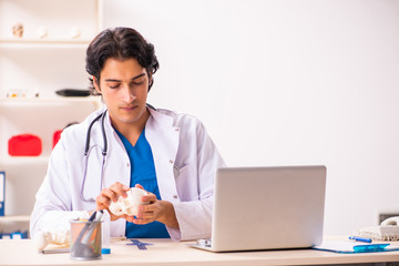 Young male doctor with human's skull