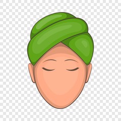 Woman with yellow towel on her head icon in cartoon style on a background for any web design 