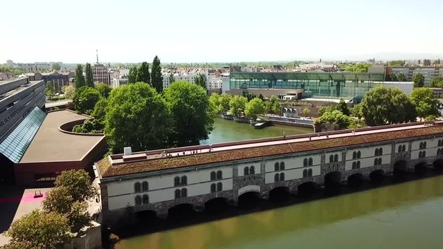 Aerial view of the ponts couverts, the covered bridge and the Museum of Modern and contemporary art, in Petit France, Strassbourg, France, Europe.