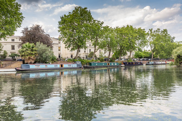 Canal boats moored in Brownings Pool, Little Venice, London