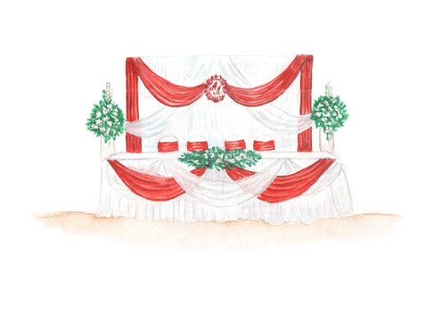 watercolor illustration wedding table decoration in red