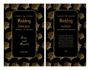 wedding invitation template. Hand-drawn vector illustration of retro style with golden floral pattern on a black background.