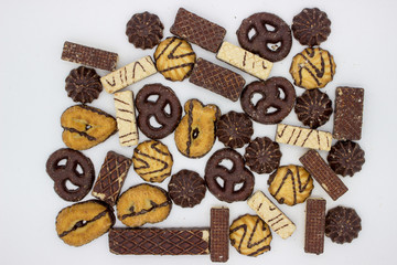 Cookies with chocolate on a white background.