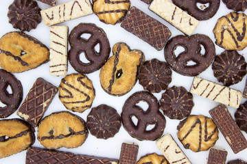Cookies with chocolate on a white background.