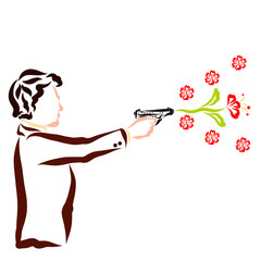 Attractive man shoots a pistol, flowers, creative gift