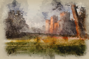 Fototapeta na wymiar Watercolour painting of medieval castle at sunrise