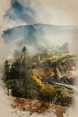 Watercolor painting of Beautiful Autumn Fall sunrise foggy landscape image over countryside in Lake District in England