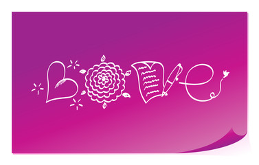 Love typography lettering word inscription from different objects on pink purple paper. L - balloon, O - flower, V - written paper and pen, E - trail form flying bird. Line vector design card