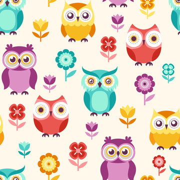 seamless cute cartoon owls illustration background - Vector