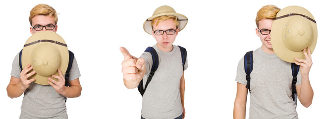 Young boy in cork helmet with backpack