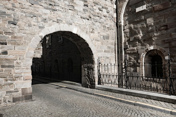 Fototapeta na wymiar gate in city wall and church. Fortified city Maastricht, The Netherlands
