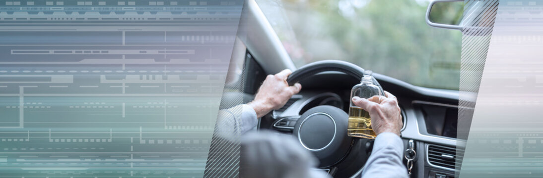 Man Drinking Alcohol And Driving. Panoramic Banner