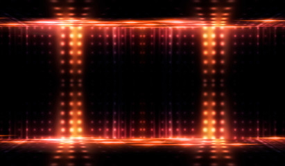 Dark empty scene, blue neon searchlight light, wet asphalt, smoke, night view, rays.