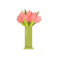Beautiful pink spring flowers tulip bouquet in narrow green vase over white