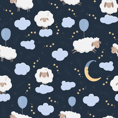 Seamless pattern with cartoon sheeps in the sky. Dark blue background with sleeping sheep on clouds and balloons, moon and stars. The concept of counting sheep. Vector illustration. 