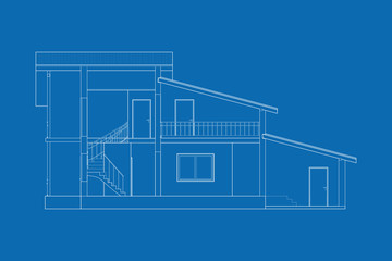 Architectural modern background. Cross-section suburban house. Vector blueprint.