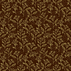 Floral ornament and light brown geometric figures on a dark brown color
