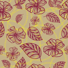 a gray background with dark red drawn flowers and golden chains