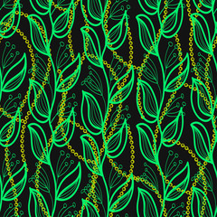 branches with leaves and flowers green with golden chains drawn on a dark gray color