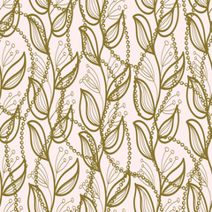 branches with leaves and flowers with chains drawn on a light pink color