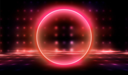Empty Dark Futuristic Sci Fi Big Hall Room With Lights And Circle Shaped Neon Light. Dark neon background, empty stage, abstract dark background. Neon circle, reflection
