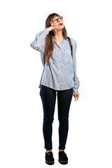 Full-length shot of Woman with glasses making phone gesture. Call me back sign