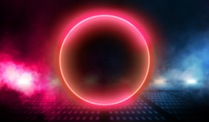 Empty Dark Futuristic Sci Fi Big Hall Room With Lights And Circle Shaped Neon Light. Dark neon background, empty stage, abstract dark background. Neon circle, reflection