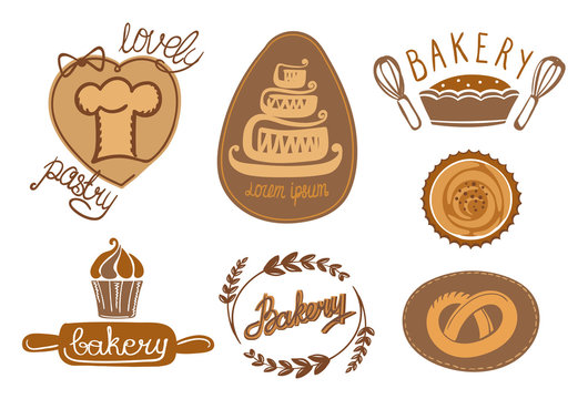 Bakery and pastry logos collection, hand drawn